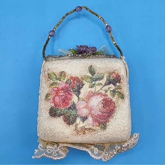 Victorian "Sugared" Purse Ornaments Lace Roses Beaded Handle Tulle Ribbon Tassel - Picture 11 of 12